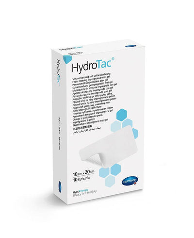 HydroTac Schaumverband, 10 x 10 cm, 10 x 20 cm, 20 x 20 cm, Schaumstoffverband mit wundseitig netzförmiger Hydrogel-Schicht, flüssigkeits- und keimdichter Polyurethan-Deckfolie, 6858323, 6858413, 6858423 - Notemed Medizintechnik