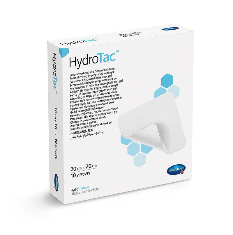 HydroTac Schaumverband, 10 x 10 cm, 10 x 20 cm, 20 x 20 cm, Schaumstoffverband mit wundseitig netzförmiger Hydrogel-Schicht, flüssigkeits- und keimdichter Polyurethan-Deckfolie, 6858323, 6858413, 6858423 - Notemed Medizintechnik