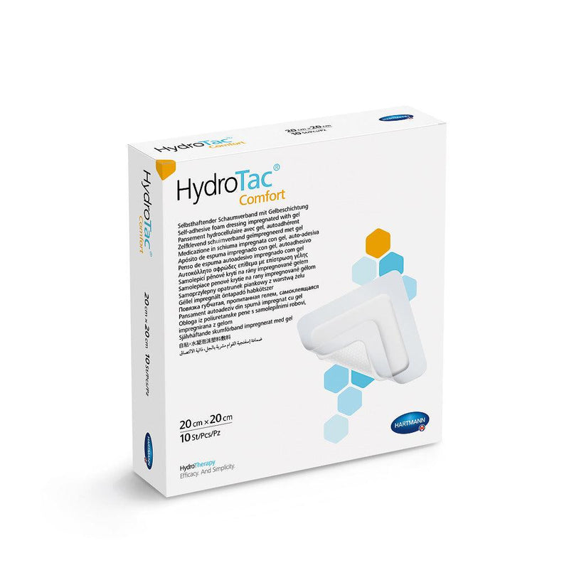 HydroTac comfort, 8 x 8 cm, 12,5 x 12,5 cm, 15 x 20 cm,20 x 20 cm, Steril, einzeln eingesiegelt, hydrophile Schaumstoffverband , der trockene Wunden feucht und feuchte Wunden trocken hält, 685810, 
685815, 
685821, 
685812 Hartmann