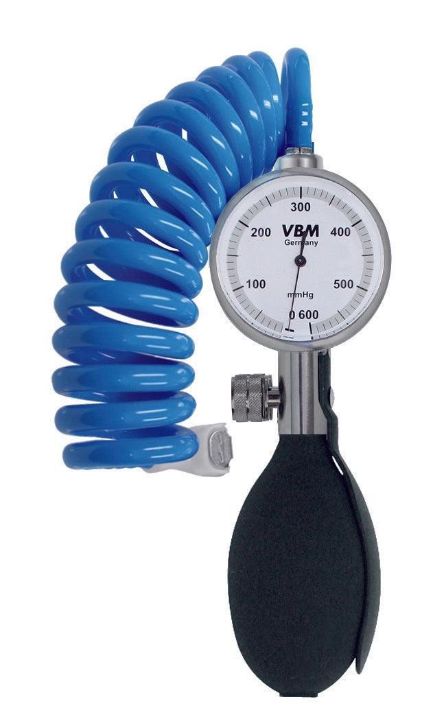 Handgebläse Manometer 600 mm Hg, blauem, rotem Spiral-Verbindungsschlauch und Schnellverschlusskupplung - Verwendung als Manuelles Tourniquet-System - Notemed Medizintechnik