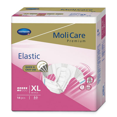 MoliCare Premium Elastic 8 Tropfen Gr. S/M/L/XL, Inkontinenzslip mit dehnbaren, elastischen Seitenteilen und wiederverschließbaren Klett-Klebe-Verschlüssen, 165471, PZN 14355451, 
165472, 
PZN 14211054, 
165473, 
PZN 14211060, 
165474, 
PZN 14211077 Hartmann