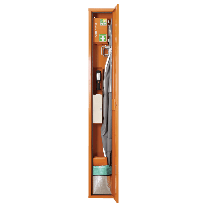 Stehschrank Erste-Hilfe-Trage gefüllt orange, weiß, grün, 0601052, 0601054, 0601057 - Notemed Medizintechnik 