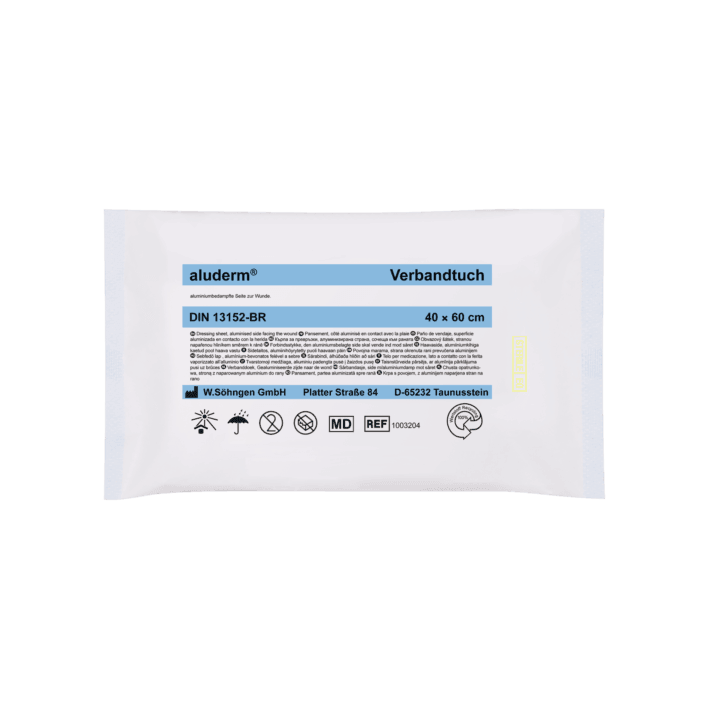 aluderm® Verbandtuch, 40 x 60 cm, 60 x 80 cm, 80 x 120 cm, 73/140 x 220 cm, Aluminiumbedampft, steril, 1003204, 1003205, 1003206, 1003207, 1003224 - Notemed Medizintechnik 