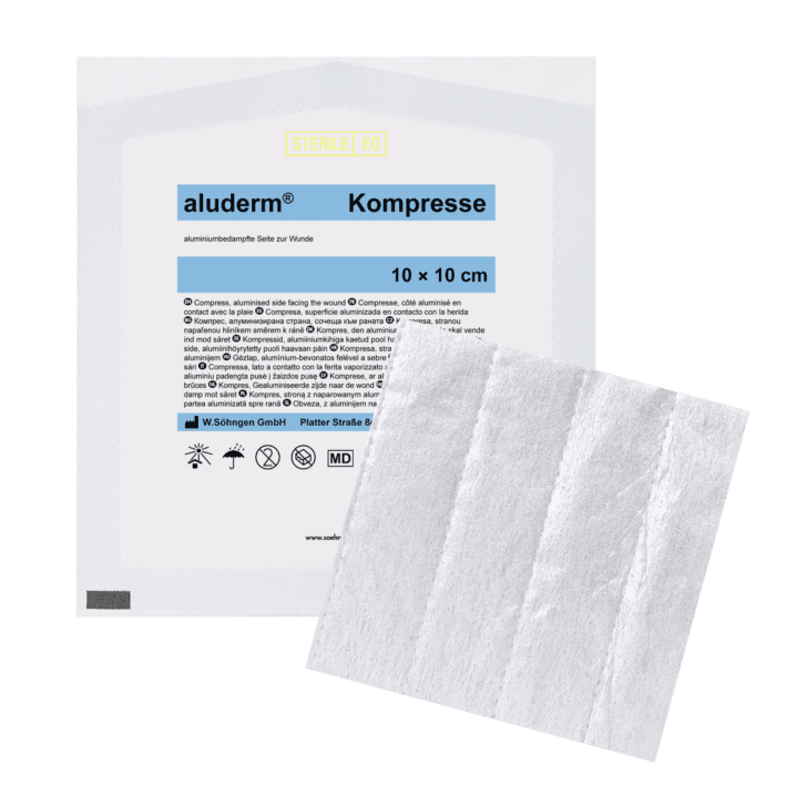 aluderm® Kompresse einzeln, 7,5 x 7,5 cm, 10 x 10 cm, 10 x 15 cm, 20 x 20 cm, 1003208, 1003209, 1003210, 1003213, 1003410 - Notemed Medizintechnik 