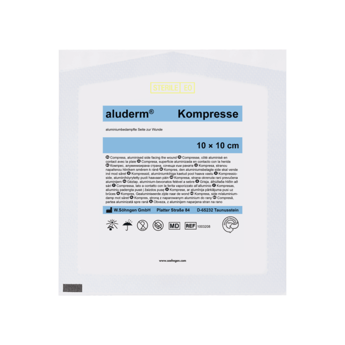 aluderm® Kompresse einzeln, 7,5 x 7,5 cm, 10 x 10 cm, 10 x 15 cm, 20 x 20 cm, 1003208, 1003209, 1003210, 1003213, 1003410 - Notemed Medizintechnik 