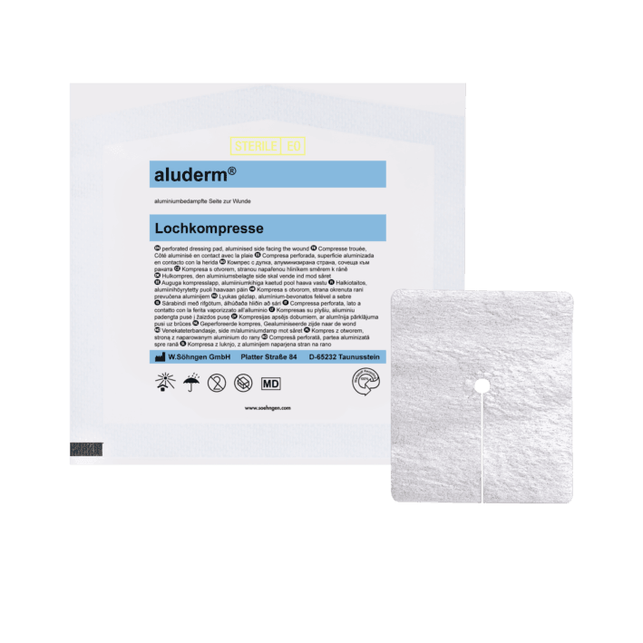 aluderm® Lochkompresse, CH 8-30 6 x 7 cm, CH 32-50 8 x 9 cm, Kanülen, Katheter und Tuben abgepolstert und geschützt , 1003214, 1003215 - Notemed Medizintechnik 