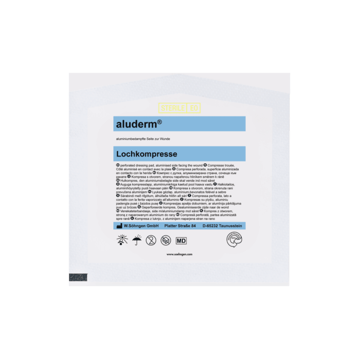 aluderm® Lochkompresse, CH 8-30 6 x 7 cm, CH 32-50 8 x 9 cm, Kanülen, Katheter und Tuben abgepolstert und geschützt , 1003214, 1003215 - Notemed Medizintechnik 