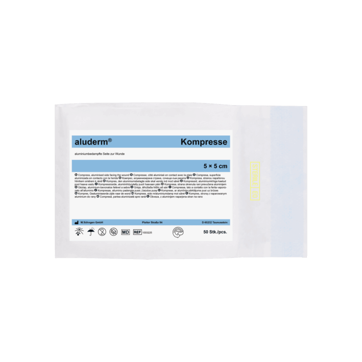 aluderm® Kompressen 50 St. Steril, 5x5 cm, 7,5x7,5 cm, 10x10 cm, 10x 5 cm, 20x20 cm, Erste-Hilfe, Wunden, 1003225, 1003226, 1003227, 1003228, 1003229 - Notemed Medizintechnik 