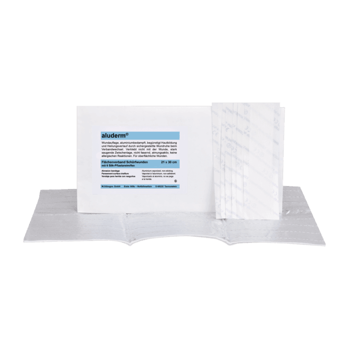 aluderm® Flächenverband Schürfwunden groß, aluderm® Flächenverband zur lockeren Abdeckung von Hautabschürfungen, 1003263 - Notemed Medizintechnik 