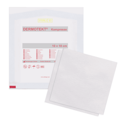 DERMOTEKT® Kompresse V, 10 x 10 cm einzeln, 10 x 10 cm á 2 Stück, Verbandstoff Spender - Notemed Medizintechnik 
