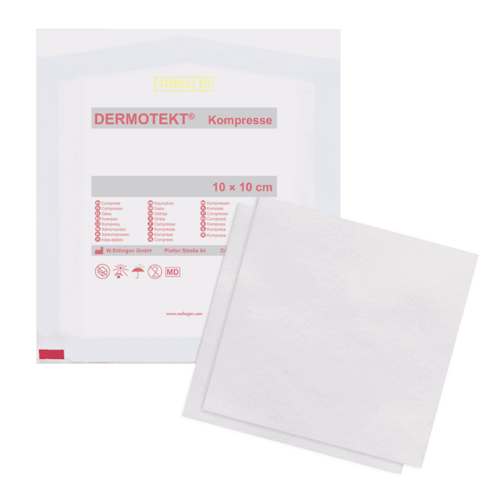 DERMOTEKT® Kompresse V, 10 x 10 cm einzeln, 10 x 10 cm á 2 Stück, Verbandstoff Spender - Notemed Medizintechnik 