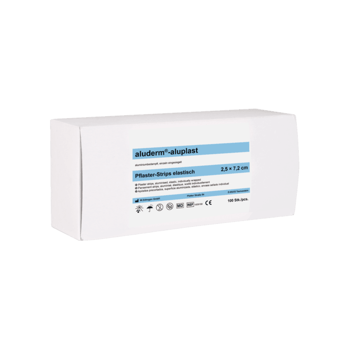 aluderm®-aluplast elastisch Strips 2,5 x 7,2 cm, Pkg. á 10, 50, 100 Stück, Pflaster jeweils einzeln eingesiegelt, 1009178, 1009179, 1009180 - Notemed Medizintechnik 