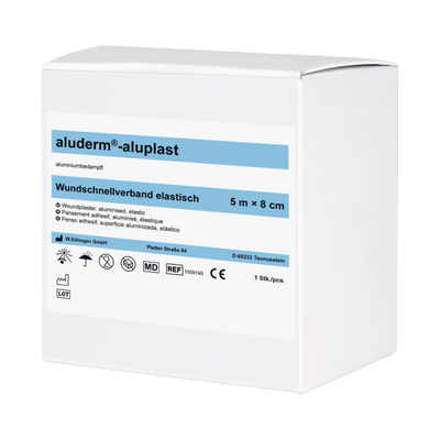 aluderm®-aluplast elastisch 5 m x 4 cm, 5 m x 8 cm, Wundverbandpflaster - gerollt. 5 m-Pflasterstreifen am Stück, aufgerollt, 1009189, 1009190 - Notemed Medizintechnik 