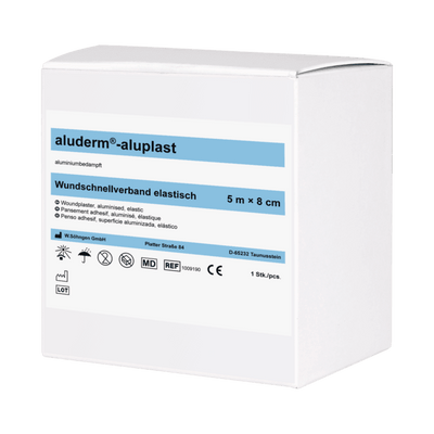 aluderm®-aluplast elastisch 5 m x 4 cm, 5 m x 8 cm, Wundverbandpflaster - gerollt. 5 m-Pflasterstreifen am Stück, aufgerollt, 1009189, 1009190 Söhngen