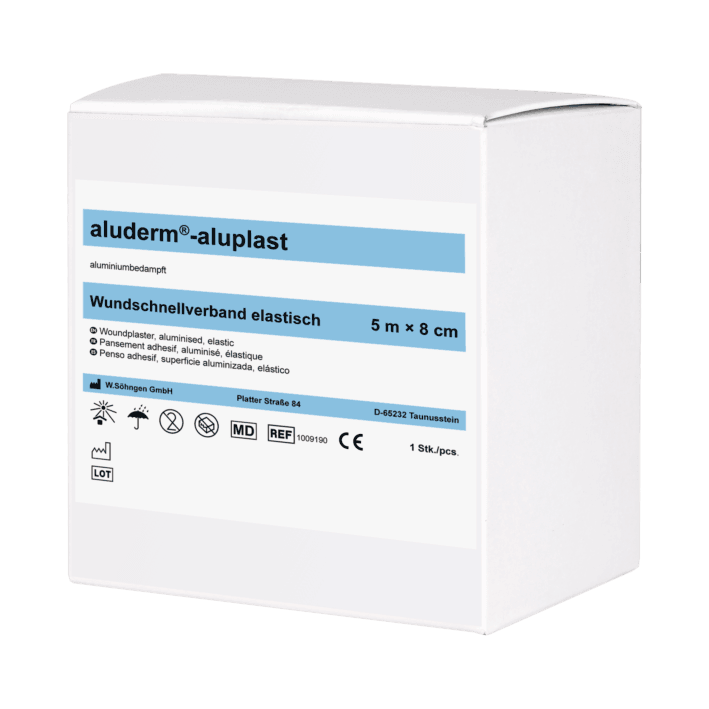 aluderm®-aluplast elastisch 5 m x 4 cm, 5 m x 8 cm, Wundverbandpflaster - gerollt. 5 m-Pflasterstreifen am Stück, aufgerollt, 1009189, 1009190 - Notemed Medizintechnik 