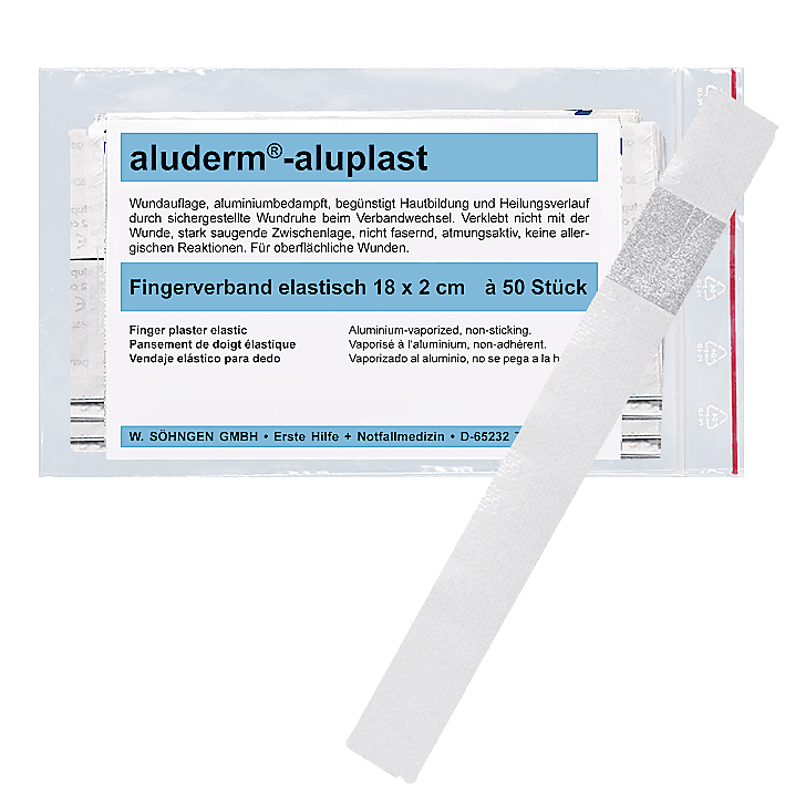 aluderm®-aluplast elastisch Fingerverband 18x2cm Pkg. á 10, 50 Stück, Pflaster jeweils einzeln eingesiegelt, 1009192, 1009193 - Notemed Medizintechnik 