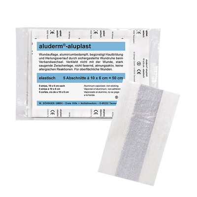 aluderm®-aluplast elastisch 50 x 6 cm, Wundverbandpflaster in Abschnitten. Pflaster in 10 cm-Abschnitten, jeweils einzeln eingesiegelt, 1009195 - Notemed Medizintechnik 