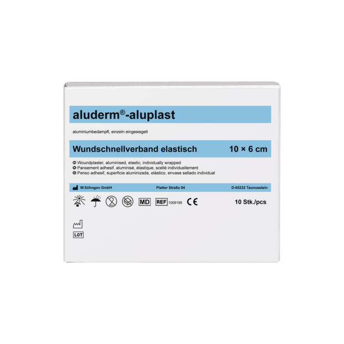 aluderm®-aluplast elastisch 1 m x 6 cm, 5 m x 6 cm, Wundverbandpflaster - gerollt. 5 m-Pflasterstreifen am Stück, aufgerollt, 1009198, 1009199 - Notemed Medizintechnik 