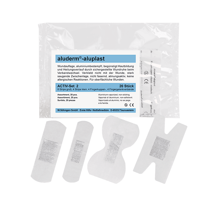 Activ-Set 2 aluderm®- aluplast Sortiment elastisch, Pflaster jeweils einzeln eingesiegelt, Verpackt im SetInhalt: 20 Wundpflaster, elastisch, 1009412 - Notemed Medizintechnik 