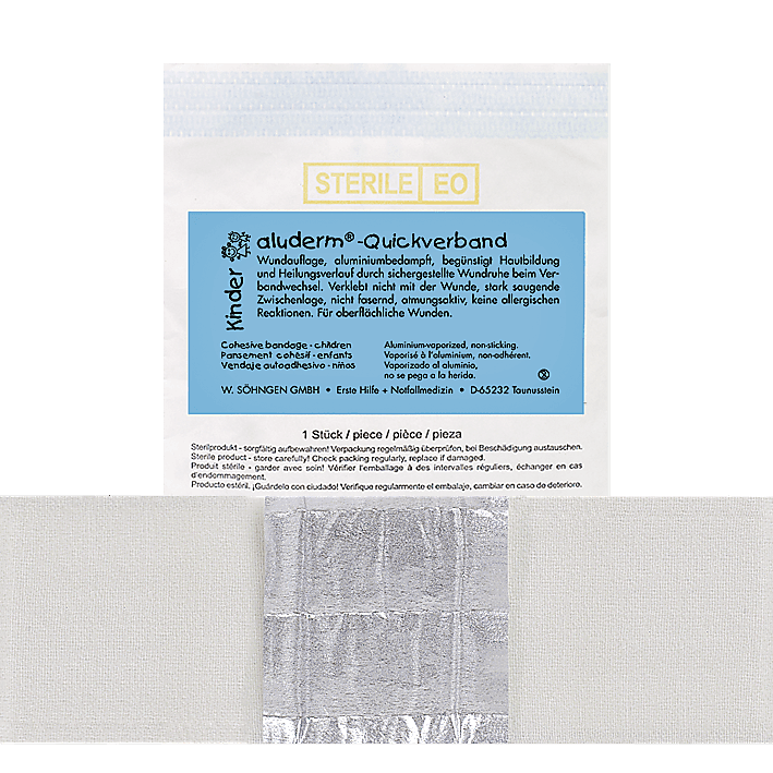 aluderm® Kinder Quickverband klein / groß, aluderm®-Kompresse ist auf einer selbsthaftenden Kohäsiv-Binde aufgesiegelt, 1050197, 1050198 - Notemed Medizintechnik 