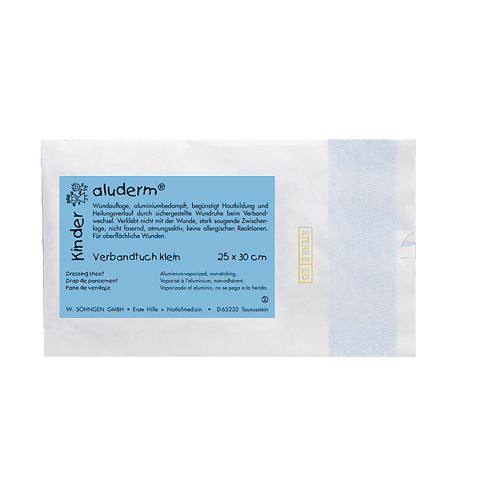 aluderm® Kinder Verbandtuch 25x 30 cm, 30 x 35, Kindgerechte Abmessungen, einzeln steril verpackt, 1050260, 1050261 - Notemed Medizintechnik 