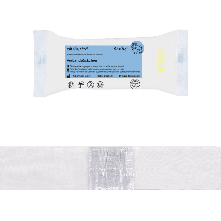 aluderm® Kinder Verbandpäckchen klein, mittel, groß, Elastische Fixierbinde mit aufgesiegelter aluderm, einzeln steril, 1050371, 1050372, 1050373 - Notemed Medizintechnik 