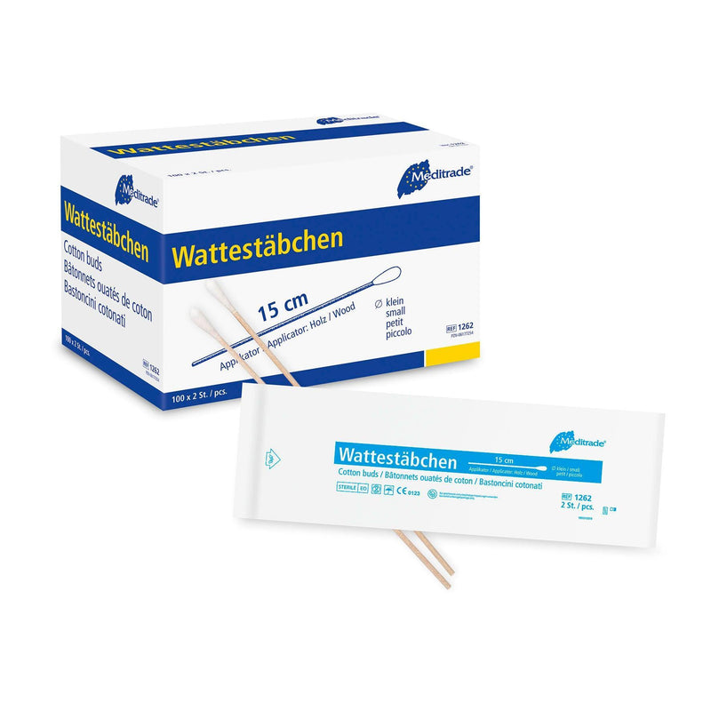 Wattestäbchen zu 2 Stk steril verpackt, Länge: 15 cm, großer, kleiner Kopf, Holz, Kunststoff, 1264, 1270, 1262, 1264 - Notemed Medizintechnik 