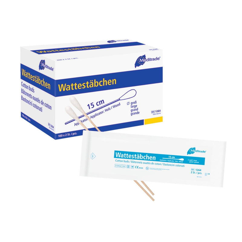 Wattestäbchen zu 2 Stk steril verpackt, Länge: 15 cm, großer, kleiner Kopf, Holz, Kunststoff, 1264, 1270, 1262, 1264 - Notemed Medizintechnik 