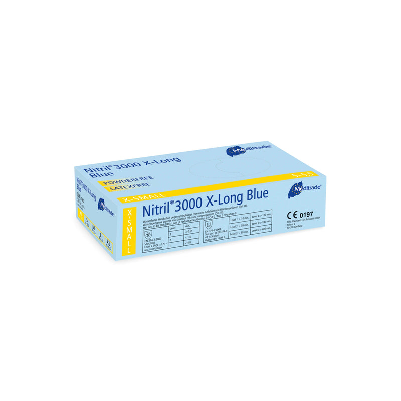 Nitril® 3000 X-Long Blue
 Untersuchungshandschuh aus Nitril, puderfrei, XX-Large (10), X-Large (9), Large (8-8,5), Medium (7-7,5), Small (6-6,5), Small (6-6,5), X-Small (5,5), 1282XS, 
 1282S, 
 1282M, 
 1282L, 
 1282XL, 
 1282XXL