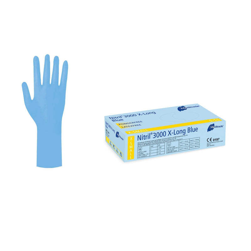 Nitril® 3000 X-Long Blue
 Untersuchungshandschuh aus Nitril, puderfrei, XX-Large (10), X-Large (9), Large (8-8,5), Medium (7-7,5), Small (6-6,5), Small (6-6,5), X-Small (5,5), 1282XS, 
 1282S, 
 1282M, 
 1282L, 
 1282XL, 
 1282XXL