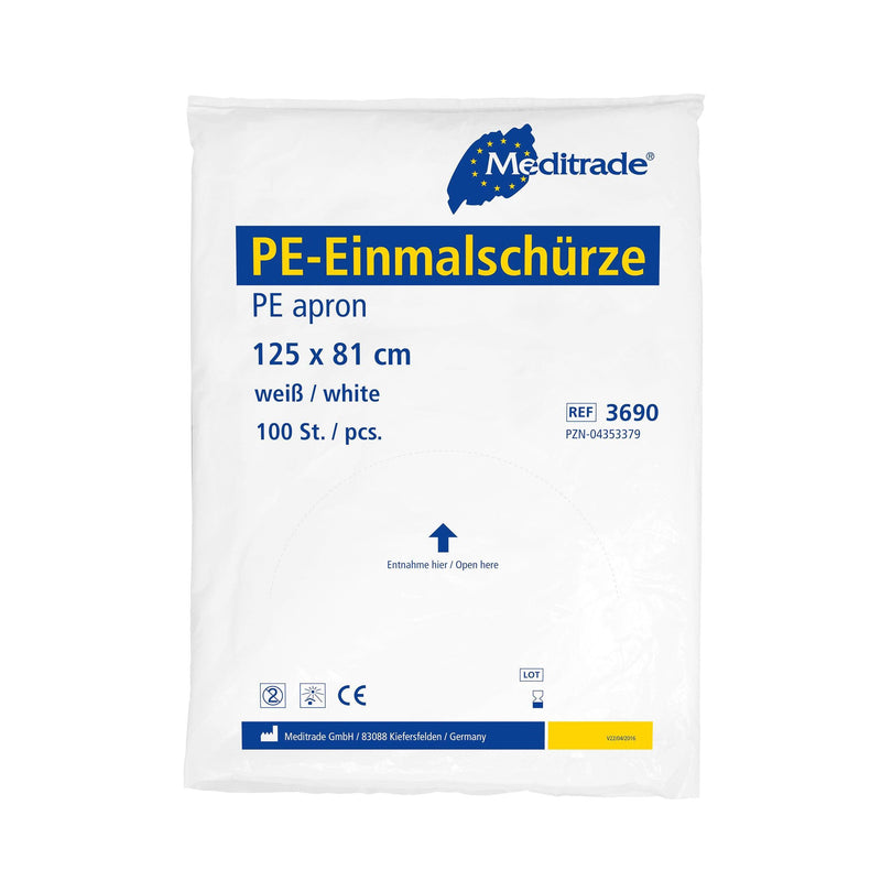 PE-Einmalschürze
 PE-Schürze, weiß, 125 x 81cm, 140 x 81cm, 160 x 81cm, 3591, 3690, 
3691, 3692