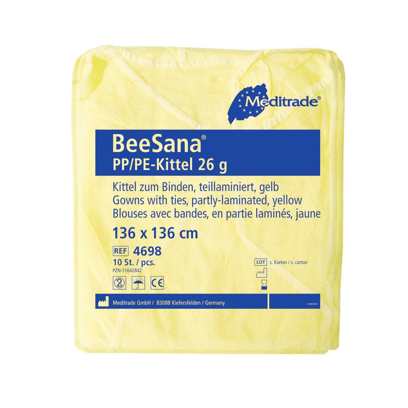 BeeSana® PP/PE-Kittel 26 g, gelb, DER WASSERABWEISENDE Teillaminierter Schutzkittel für Personal und Besucher, 4698 - Notemed Medizintechnik 