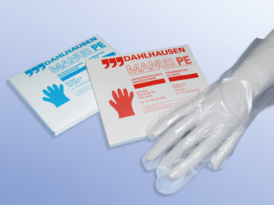 Einmal-Untersuchungshandschuhe, Einmalhandschuhe, PE-Handschuhe / gehämmert / Damen / Herren / Spenderbox, VE = 100 Stück Dahlhausen