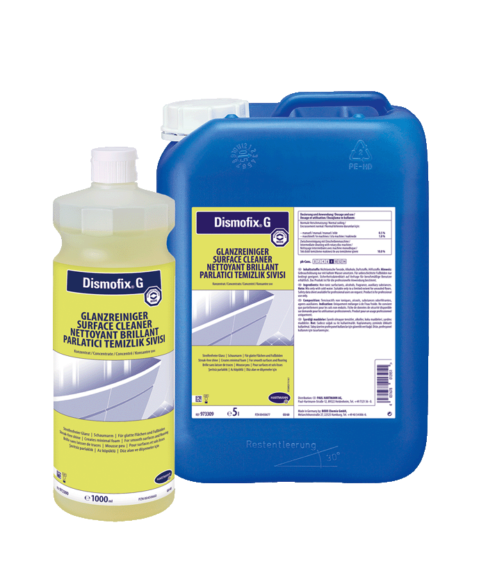 Dismofix G, 1000 ml, 5 L, Glanzreiniger für alle wasserfesten Oberflächen, trocknet streifenfrei auf
schaumarm, daher manuell und maschinell einsetzbar
hohe Reinigungskraft, 973300, 973309 Hartmann