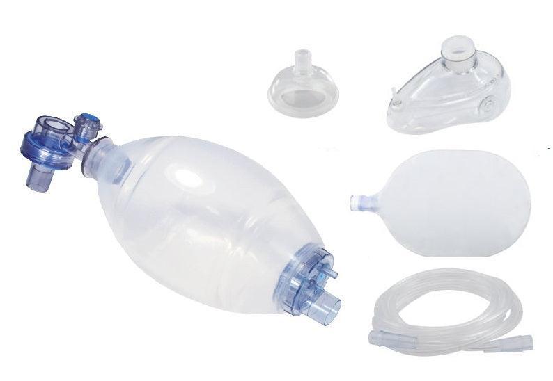 Mehrweg Beatmungsbeutel, Silikon, Kinder, Beatmungsbeutel-Set mit Vollsilikon-Maske Gr. 2 und 3, O2-Schlauch und Reservoirbeutel - Notemed Medizintechnik 