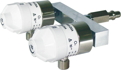 Fast-ZGA Doppel-Flowregler, O2 Standard Kennzeichnung, Flowregler für den Anschluss an DIN-Kupplungen, AEROway HUM