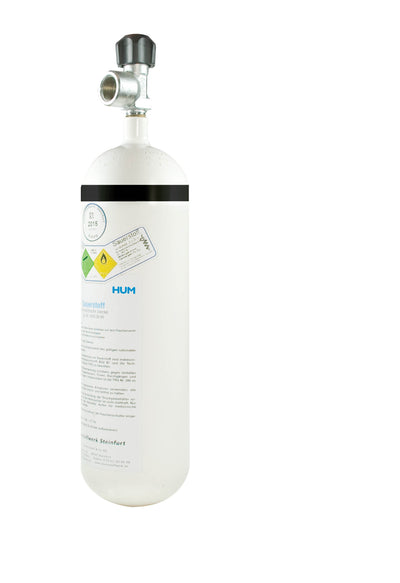 Sauerstoffflasche, gefüllte Druckgasflasche mit medizinischer Druckluft (AIR), ausgestattet mit Restdruckventil HUM