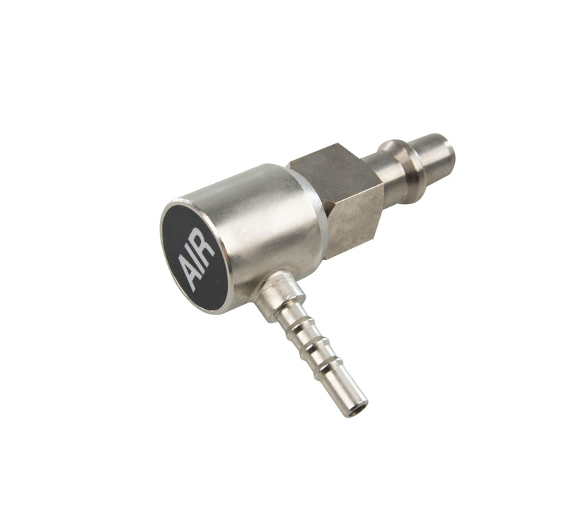 Stecker DIN 13260 ZGA-Stecker DIN 13260 für O2, AIR, VAC, N2O, 90°-Winkel, Eingang ZGA-Stecker, Abgang für 6 mm Schläuche. - Notemed Medizintechnik 