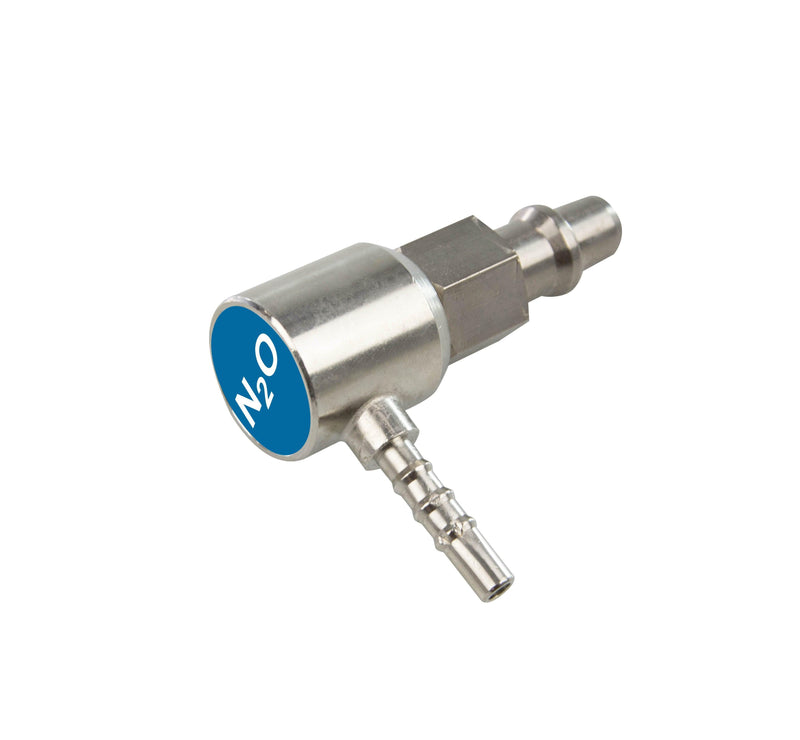 Stecker DIN 13260 ZGA-Stecker DIN 13260 für O2, AIR, VAC, N2O, 90°-Winkel, Eingang ZGA-Stecker, Abgang für 6 mm Schläuche. - Notemed Medizintechnik 
