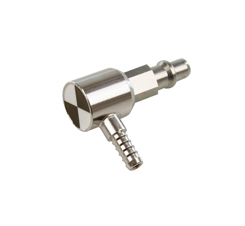 Stecker DIN 13260 ZGA-Stecker DIN 13260 für O2, AIR, VAC, N2O, 90°-Winkel, Eingang ZGA-Stecker, Abgang für 6 mm Schläuche. - Notemed Medizintechnik 