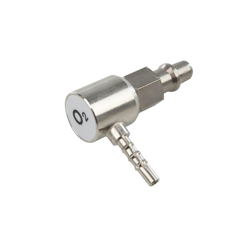Stecker DIN 13260 ZGA-Stecker DIN 13260 für O2, AIR, VAC, N2O, 90°-Winkel, Eingang ZGA-Stecker, Abgang für 6 mm Schläuche. - Notemed Medizintechnik 