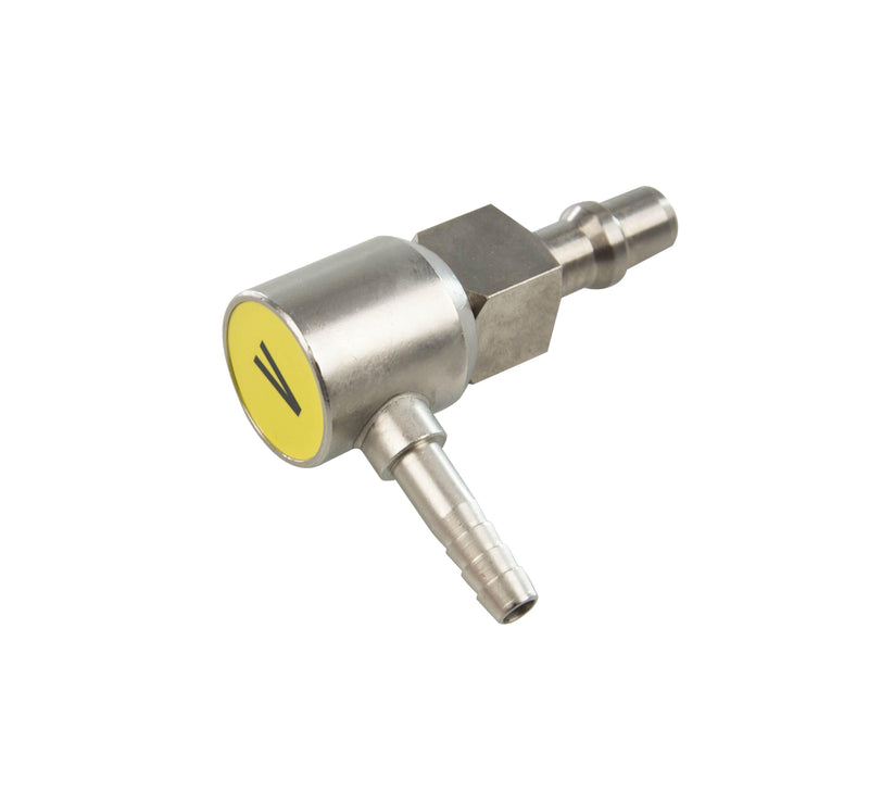 Stecker DIN 13260 ZGA-Stecker DIN 13260 für O2, AIR, VAC, N2O, 90°-Winkel, Eingang ZGA-Stecker, Abgang für 6 mm Schläuche. - Notemed Medizintechnik 