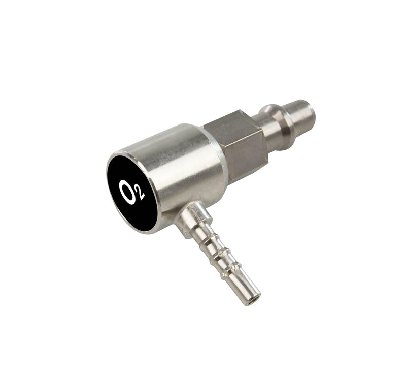 Stecker DIN 13260 ZGA-Stecker DIN 13260 für O2, AIR, VAC, N2O, 90°-Winkel, Eingang ZGA-Stecker, Abgang für 6 mm Schläuche. - Notemed Medizintechnik 