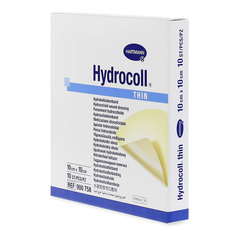 Hydrocoll thin, 7,5 x 7,5 cm, 10 x 10 cm, 15 x 15 cm, steril, einzeln eingesiegelt, dünnere Hydrocolloid-Verband mit geringerer Saugkapazität bevorzugt in der Epithelisierungsphase, 900757, 
900758, 
900760 Hartmann