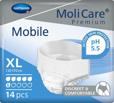 MoliCare Premium Mobile 6 Tropfen Gr. XS/S/M/L/XL dünnste Einweghose, Lebensqualität, für mobile Personen geeignet, 915840, 
PZN 13506468, 
915831, 
PZN 13506474, 
915832, 
PZN 13506480, 
915833, 
PZN 13506497, 
915834, 
PZN 13506505 Hartmann