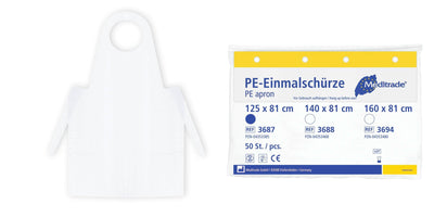 PE-Einmalschürze geblockt PE-Schürze, weiß, einzeln abreißbar, Angenehmer Tragekomfort durch leichtes Material, 125 x 81cm, 140 x 81cm, 160 x 81cm, 3687, 3688, 3694 - Notemed Medizintechnik 