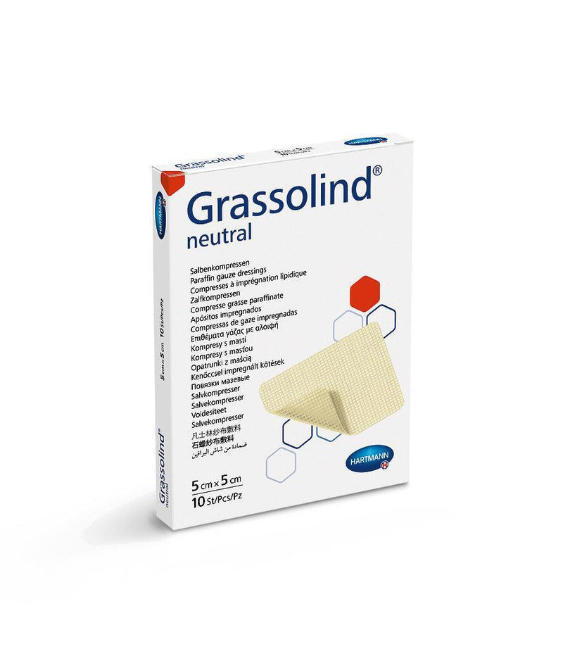 Grassolind 5 x 5 cm, 7,5 x 10 cm, 10 x 10 cm, 10 x 20 cm, 20 x 20 cm, Salbenkompresse mit dem weitmaschigen Baumwollgewebe, 499310, 499350, 499313, 499353, 499314, 499354, 499336, 499315 - Notemed Medizintechnik 