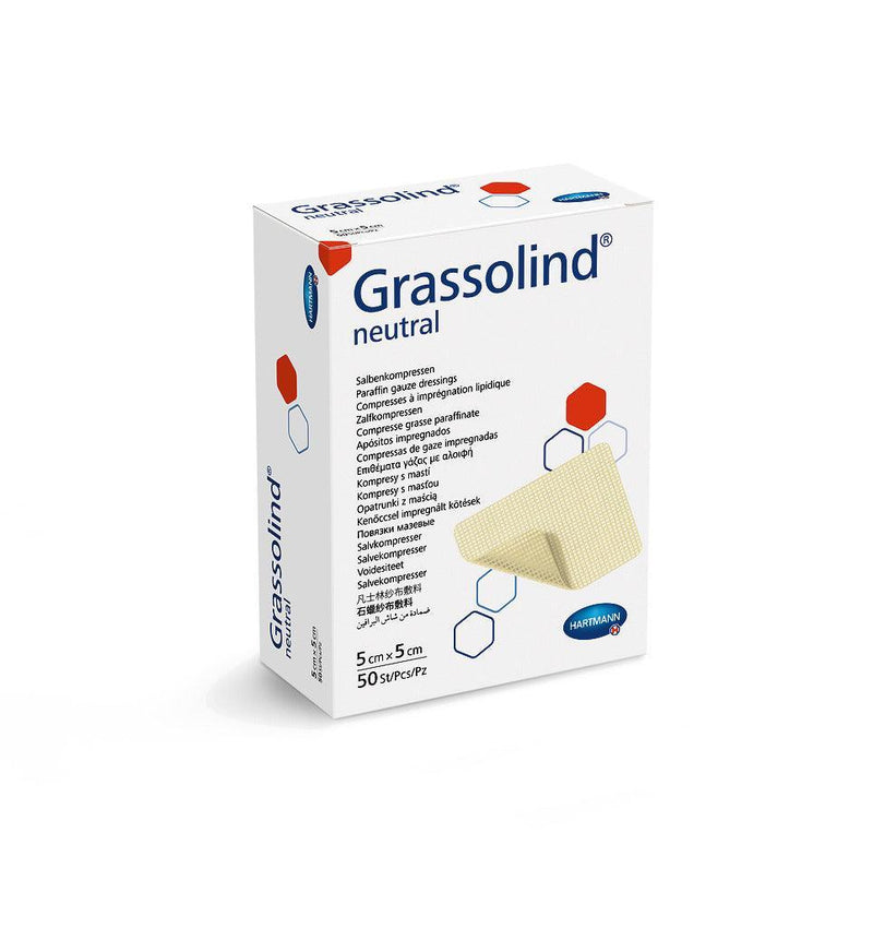 Grassolind 5 x 5 cm, 7,5 x 10 cm, 10 x 10 cm, 10 x 20 cm, 20 x 20 cm, Salbenkompresse mit dem weitmaschigen Baumwollgewebe, 499310, 499350, 499313, 499353, 499314, 499354, 499336, 499315 - Notemed Medizintechnik 