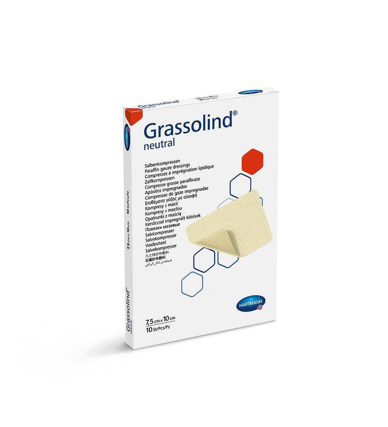 Grassolind 5 x 5 cm, 7,5 x 10 cm, 10 x 10 cm, 10 x 20 cm, 20 x 20 cm, Salbenkompresse mit dem weitmaschigen Baumwollgewebe, 499310, 499350, 499313, 499353, 499314, 499354, 499336, 499315 - Notemed Medizintechnik 