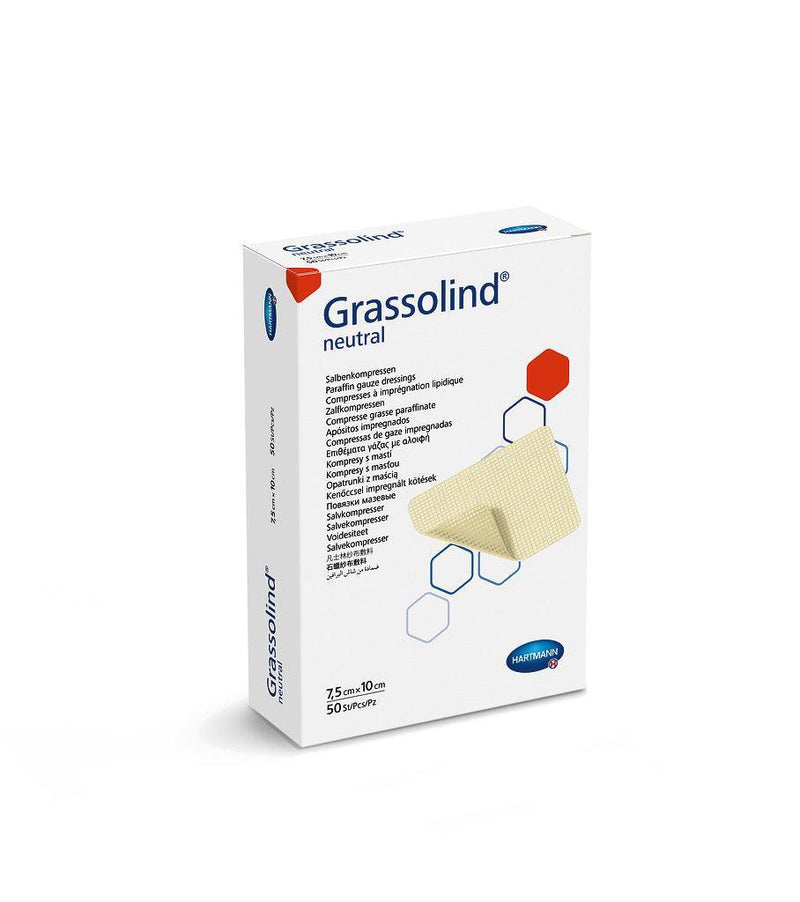 Grassolind 5 x 5 cm, 7,5 x 10 cm, 10 x 10 cm, 10 x 20 cm, 20 x 20 cm, Salbenkompresse mit dem weitmaschigen Baumwollgewebe, 499310, 499350, 499313, 499353, 499314, 499354, 499336, 499315 - Notemed Medizintechnik 
